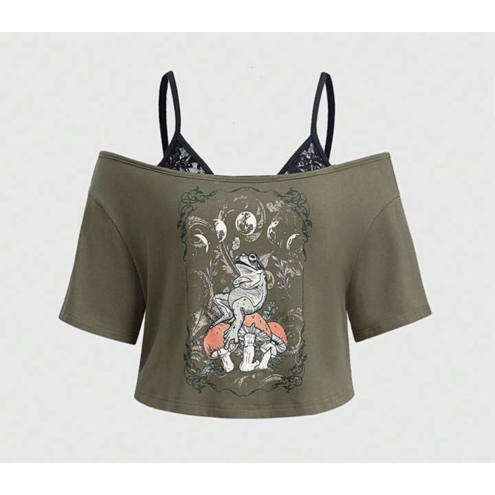 romwe frog mushroom crop lace y2k shirt  s‎ Green Forestcore Grunge Indy